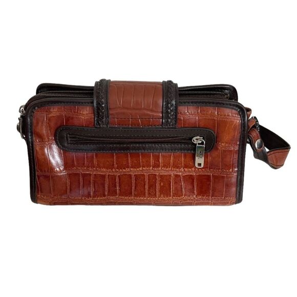 M C Marc Chantal Leather Bag Croc Embossed Two Tone Brown Silver Hardware - Picture 2 of 8
